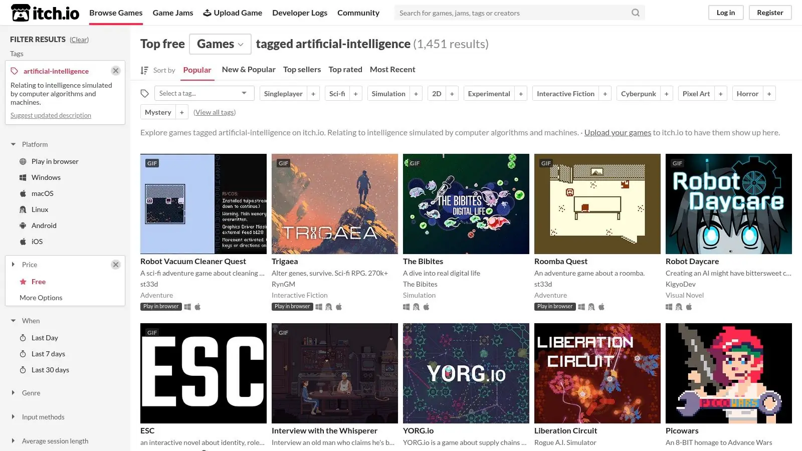 itch.io – AI games (free category)