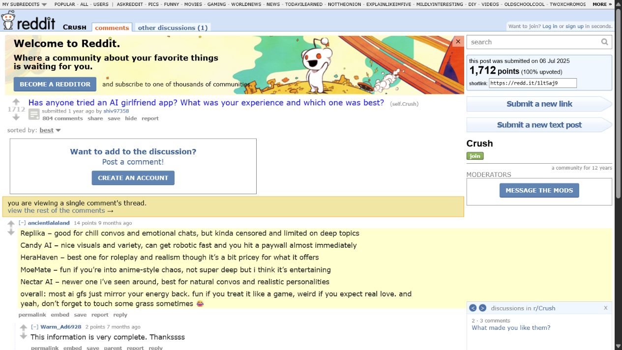 14-point Reddit comment describing Candy AI visuals and repetitive chat