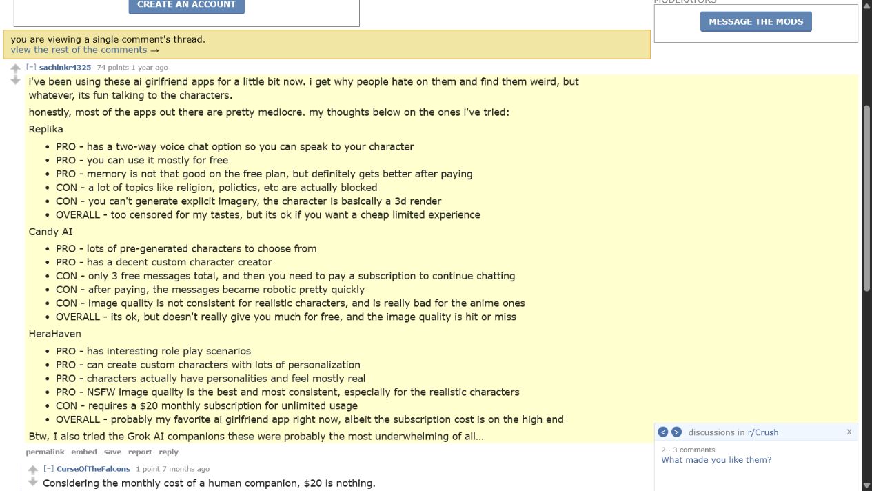74-point Reddit comment listing Candy AI advantages and drawbacks
